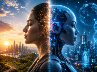 Humanidad e inteligencia artificial representadas como una evolución híbrida entre inteligencia biológica y tecnología avanzada.