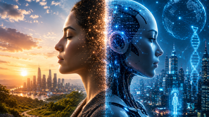 Humanidad e inteligencia artificial representadas como una evolución híbrida entre inteligencia biológica y tecnología avanzada.