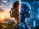 Humanidad e inteligencia artificial representadas como una evolución híbrida entre inteligencia biológica y tecnología avanzada.