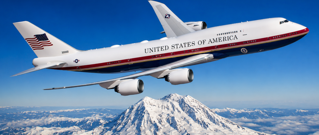 Nuevo Air Force One sobrevolando una cadena montañosa durante una demostración de sus capacidades tecnológicas avanzadas.