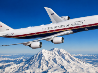 Nuevo Air Force One sobrevolando una cadena montañosa durante una demostración de sus capacidades tecnológicas avanzadas.