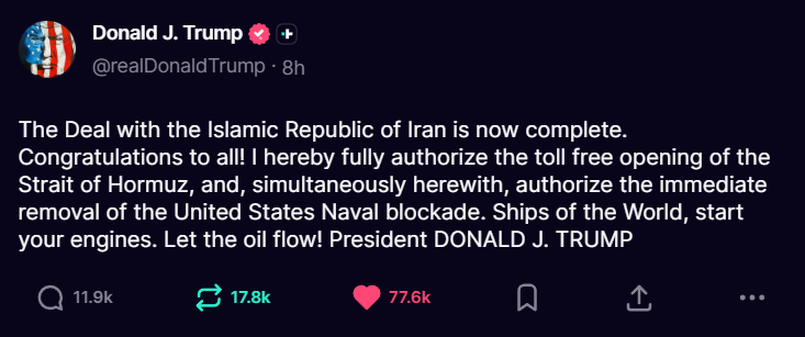 Trump anuncia un acuerdo con Irán y la reapertura de Ormuz: «¡Que corra el petróleo!»
