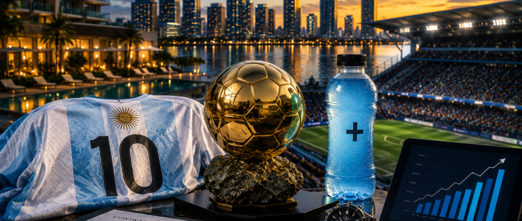 Camiseta de Argentina junto a símbolos de negocios, inversión y éxito que representan el imperio comercial construido por Lionel Messi.