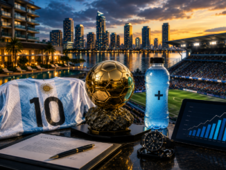 Camiseta de Argentina junto a símbolos de negocios, inversión y éxito que representan el imperio comercial construido por Lionel Messi.