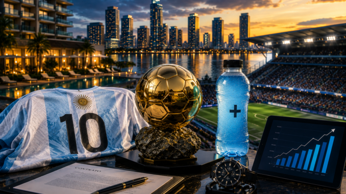 Camiseta de Argentina junto a símbolos de negocios, inversión y éxito que representan el imperio comercial construido por Lionel Messi.