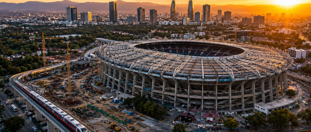 Vista aérea del Estadio Azteca y obras de infraestructura vinculadas a la inversión de México para el Mundial 2026.