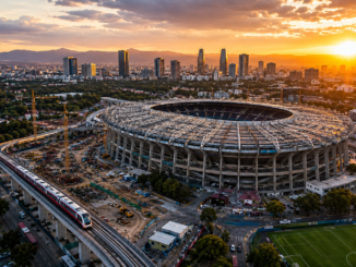 Vista aérea del Estadio Azteca y obras de infraestructura vinculadas a la inversión de México para el Mundial 2026.