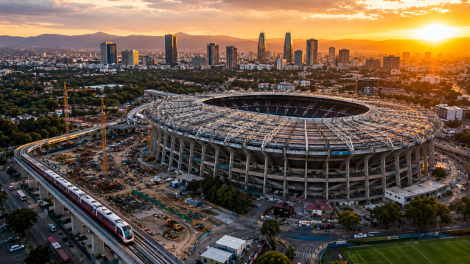 Vista aérea del Estadio Azteca y obras de infraestructura vinculadas a la inversión de México para el Mundial 2026.