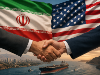 Representación del acuerdo entre Irán y Estados Unidos con un apretón de manos frente a las banderas de ambos países y el estrecho de Ormuz.