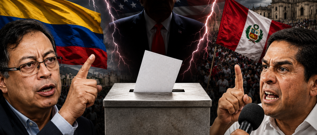 Composición que representa la tensión política en Colombia y Perú tras las elecciones, con una urna electoral al centro, Gustavo Petro y Roberto Sánchez, y una referencia a la influencia de Estados Unidos.