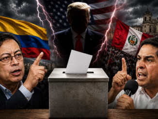 Composición que representa la tensión política en Colombia y Perú tras las elecciones, con una urna electoral al centro, Gustavo Petro y Roberto Sánchez, y una referencia a la influencia de Estados Unidos.