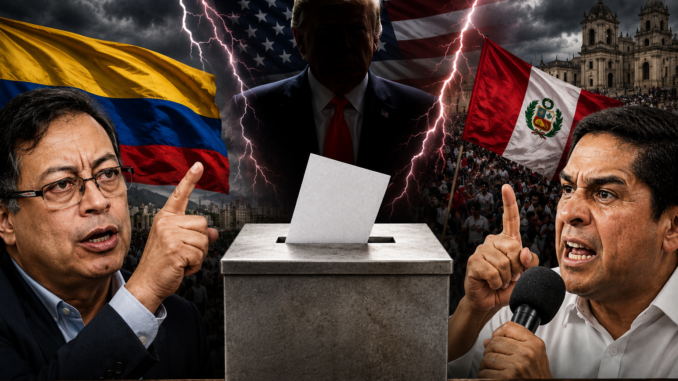 Composición que representa la tensión política en Colombia y Perú tras las elecciones, con una urna electoral al centro, Gustavo Petro y Roberto Sánchez, y una referencia a la influencia de Estados Unidos.