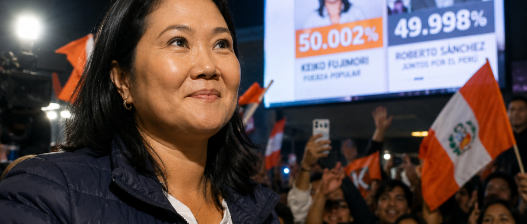 Keiko Fujimori durante la jornada electoral en Perú mientras lidera el conteo de votos.