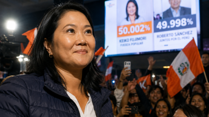 Keiko Fujimori durante la jornada electoral en Perú mientras lidera el conteo de votos.