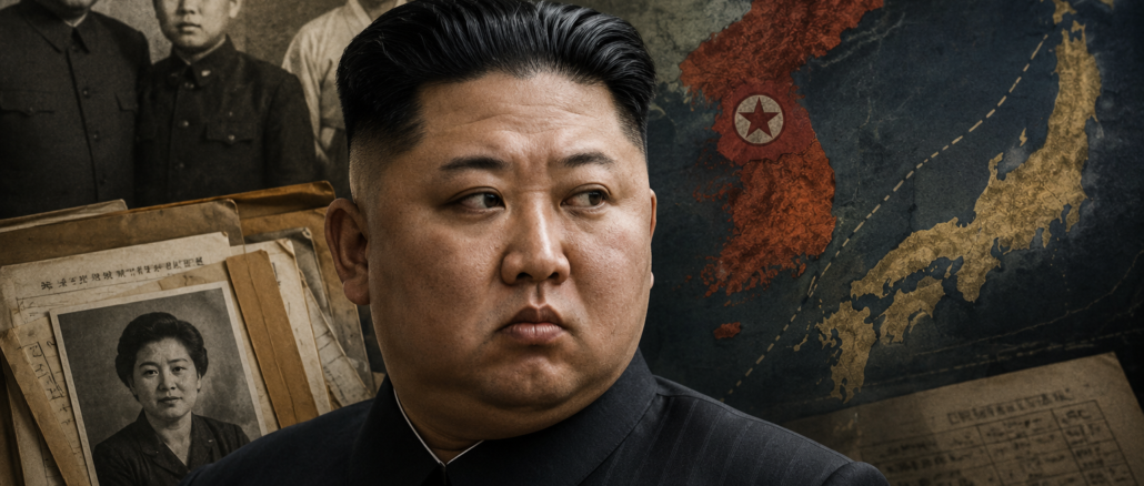 Kim Jong-un junto a imágenes históricas de su familia en una ilustración sobre la legitimidad del régimen de Corea del Norte.