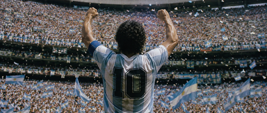 Futbolista argentino celebrando ante una multitud durante el Mundial de México 1986.