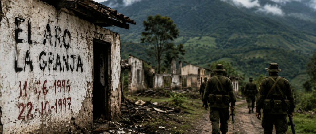 Zona rural de Antioquia afectada por la violencia paramilitar durante las masacres de El Aro y La Granja en Colombia.