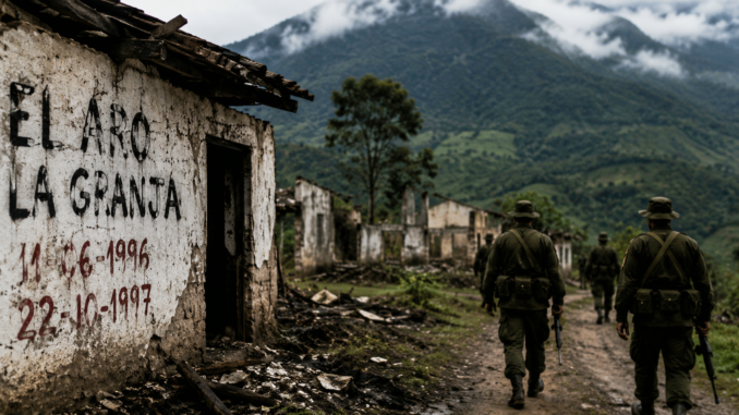 Zona rural de Antioquia afectada por la violencia paramilitar durante las masacres de El Aro y La Granja en Colombia.