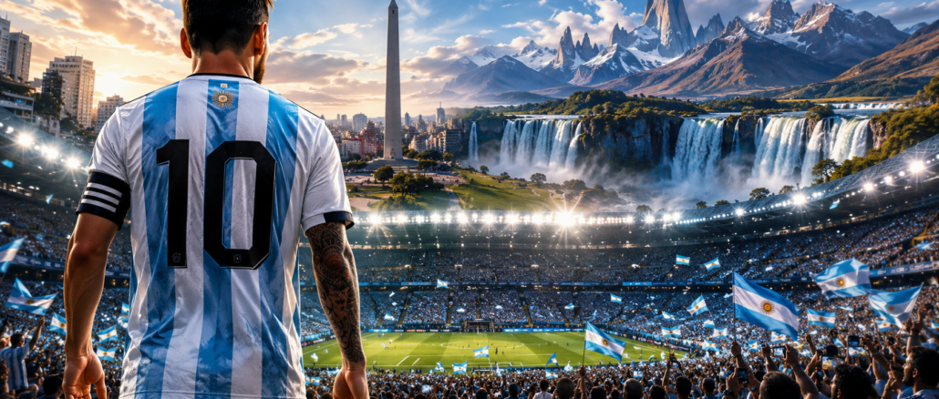 Jugador con la camiseta número 10 de Argentina observa un estadio repleto en una imagen que representa el poder blando argentino rumbo al Mundial 2026.