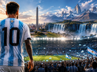 Jugador con la camiseta número 10 de Argentina observa un estadio repleto en una imagen que representa el poder blando argentino rumbo al Mundial 2026.