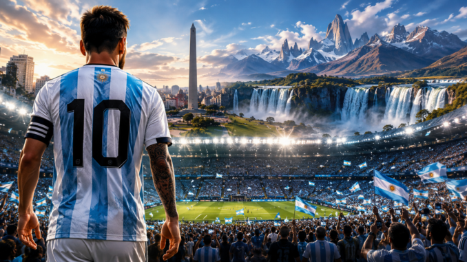 Jugador con la camiseta número 10 de Argentina observa un estadio repleto en una imagen que representa el poder blando argentino rumbo al Mundial 2026.