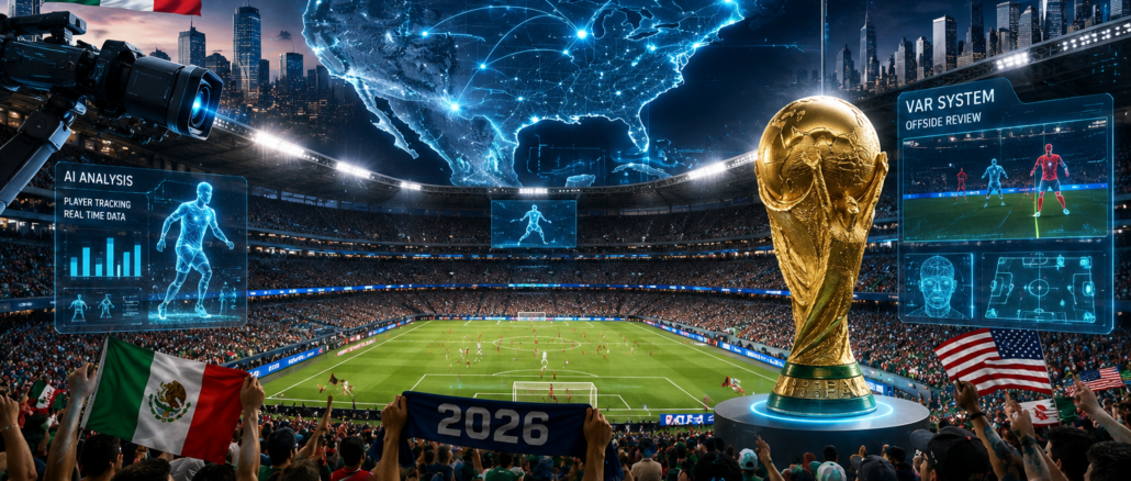 Representación tecnológica del Mundial 2026 con inteligencia artificial, VAR avanzado y sedes conectadas entre Estados Unidos, México y Canadá.
