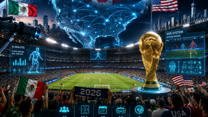 Representación tecnológica del Mundial 2026 con inteligencia artificial, VAR avanzado y sedes conectadas entre Estados Unidos, México y Canadá.
