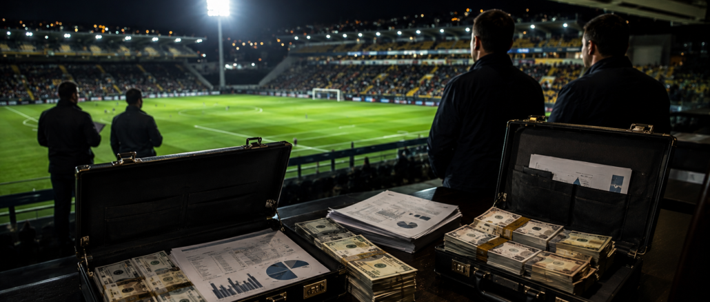 Investigación sobre narcotráfico en el fútbol costarricense con dinero, documentos financieros y un estadio de fútbol profesional.