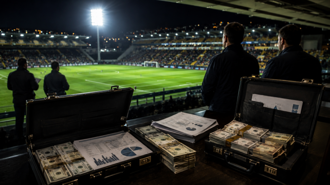 Investigación sobre narcotráfico en el fútbol costarricense con dinero, documentos financieros y un estadio de fútbol profesional.