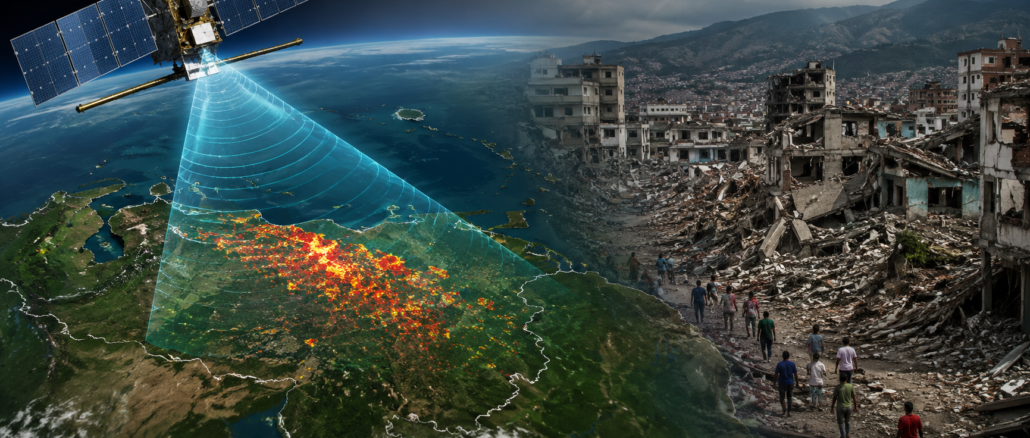 Ilustración conceptual de un satélite utilizando radares para evaluar los daños provocados por los terremotos en Venezuela.