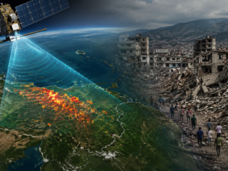 Ilustración conceptual de un satélite utilizando radares para evaluar los daños provocados por los terremotos en Venezuela.