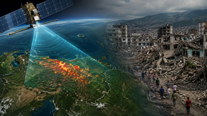 Ilustración conceptual de un satélite utilizando radares para evaluar los daños provocados por los terremotos en Venezuela.