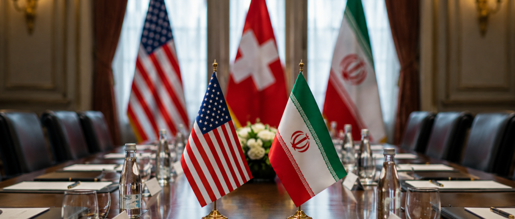 Mesa preparada para las negociaciones entre Irán y Estados Unidos en Suiza con las banderas de ambos países.
