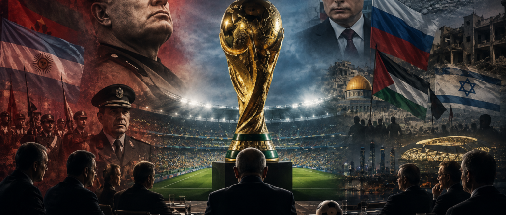 Trofeo de la Copa Mundial rodeado de conflictos geopolíticos y dirigentes internacionales en una representación de la neutralidad política de la FIFA.