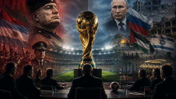 Trofeo de la Copa Mundial rodeado de conflictos geopolíticos y dirigentes internacionales en una representación de la neutralidad política de la FIFA.