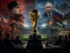 Trofeo de la Copa Mundial rodeado de conflictos geopolíticos y dirigentes internacionales en una representación de la neutralidad política de la FIFA.