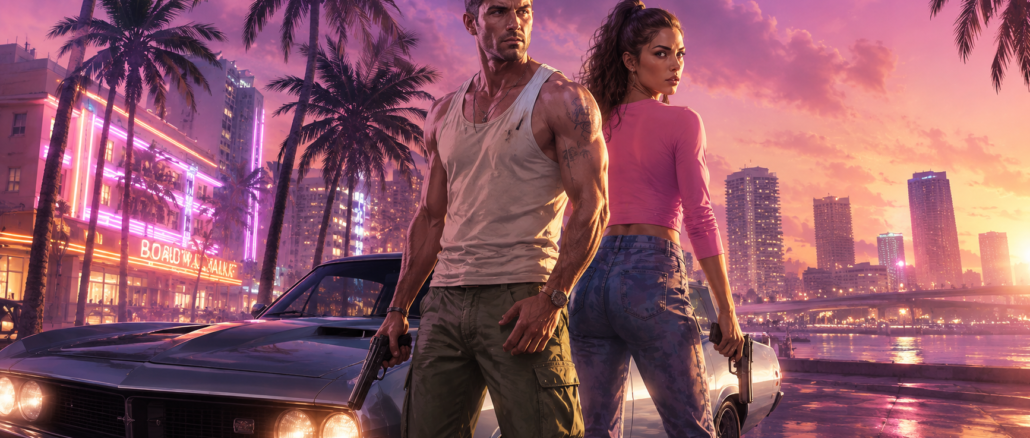 Arte conceptual de GTA VI con Jason Duval y Lucia Caminos en Vice City tras las nuevas revelaciones de Rockstar Games.