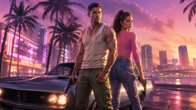 Arte conceptual de GTA VI con Jason Duval y Lucia Caminos en Vice City tras las nuevas revelaciones de Rockstar Games.