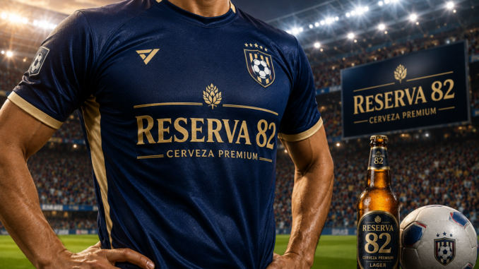 Jugador de fútbol con uniforme patrocinado por Reserva 82 en una representación del patrocinio de bebidas alcohólicas en el deporte.