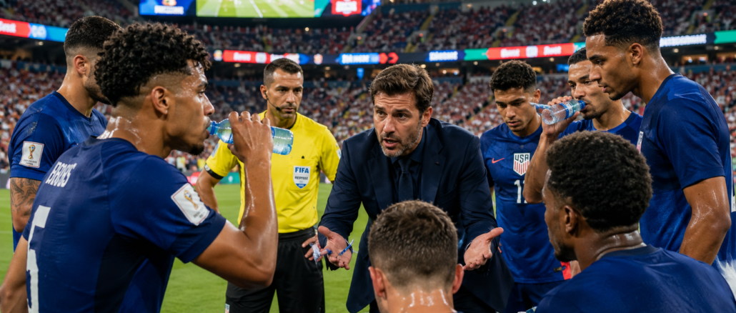 Jugadores reciben instrucciones tácticas durante una pausa de hidratación en el Mundial 2026.