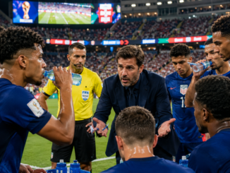 Jugadores reciben instrucciones tácticas durante una pausa de hidratación en el Mundial 2026.