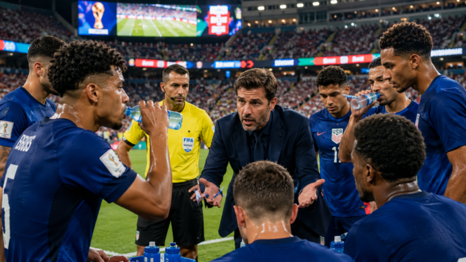 Jugadores reciben instrucciones tácticas durante una pausa de hidratación en el Mundial 2026.