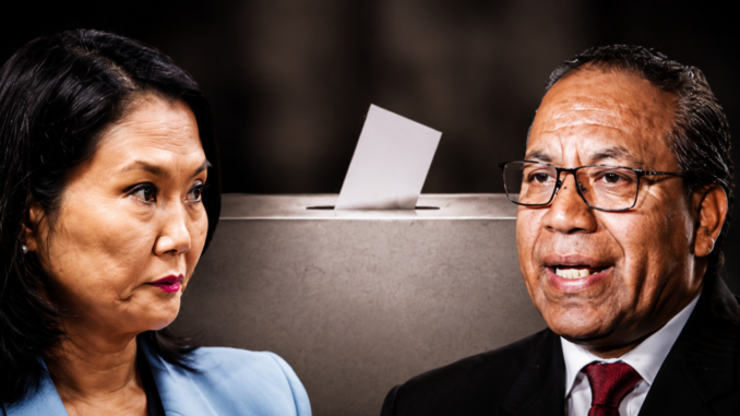 Keiko Fujimori y Roberto Sánchez en una composición sobre el proceso electoral peruano aún sin ganador oficial.
