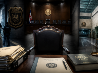 Silla vacía de magistrado rodeada de expedientes judiciales y símbolos institucionales de Costa Rica.