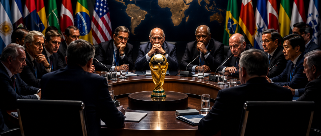 Dirigentes internacionales reunidos alrededor del trofeo de la Copa Mundial durante una representación de las polémicas políticas de la FIFA.