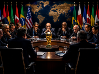Dirigentes internacionales reunidos alrededor del trofeo de la Copa Mundial durante una representación de las polémicas políticas de la FIFA.