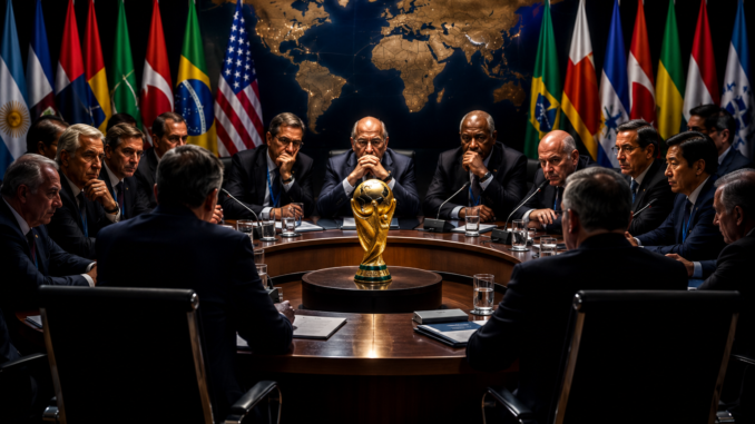 Dirigentes internacionales reunidos alrededor del trofeo de la Copa Mundial durante una representación de las polémicas políticas de la FIFA.