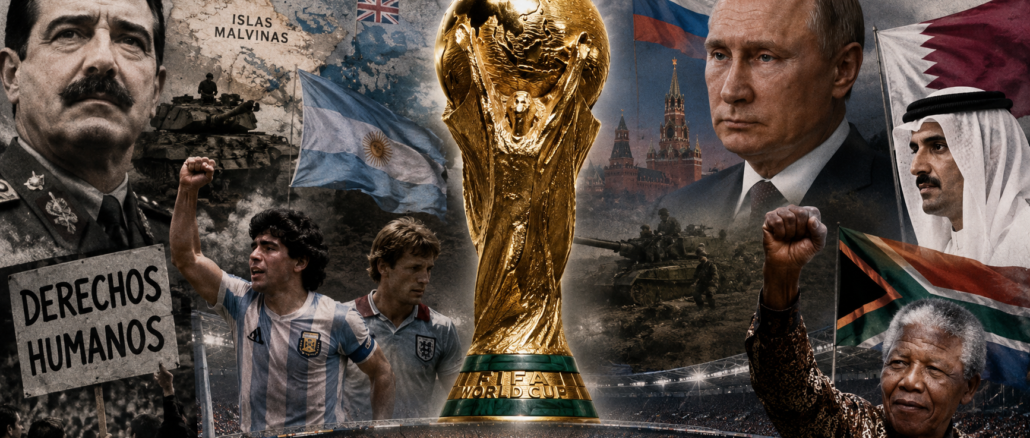 Trofeo de la Copa Mundial rodeado de líderes políticos, conflictos internacionales y momentos históricos que influyeron en distintos Mundiales.