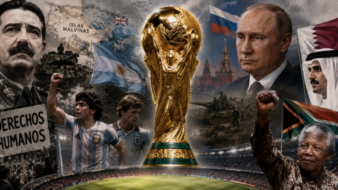 Trofeo de la Copa Mundial rodeado de líderes políticos, conflictos internacionales y momentos históricos que influyeron en distintos Mundiales.