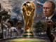 Trofeo de la Copa Mundial rodeado de líderes políticos, conflictos internacionales y momentos históricos que influyeron en distintos Mundiales.